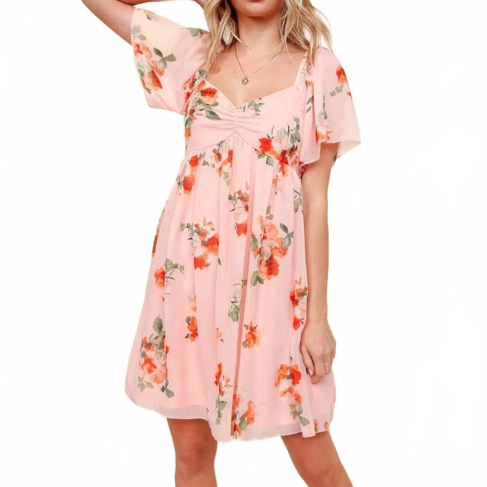 NEW KORI floral chiffon mini dress in peach